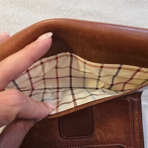 Coach Brown VINTAGE Bleeker Leather Wallet GUC Pink Interior Cream Plaid Fabric - Picture 13 of 16